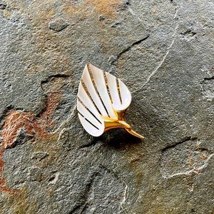 Vintage Leaf Enamel Cream and Gold Brooch
